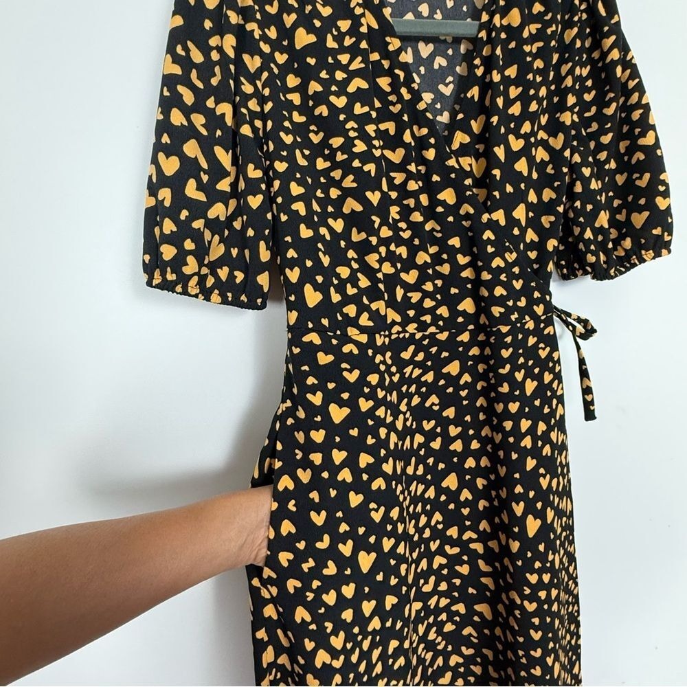 POPSUGAR Black Yellow Heart Print Wrap Maxi Dress Puff Sleeve XS - Picture 9 of 16